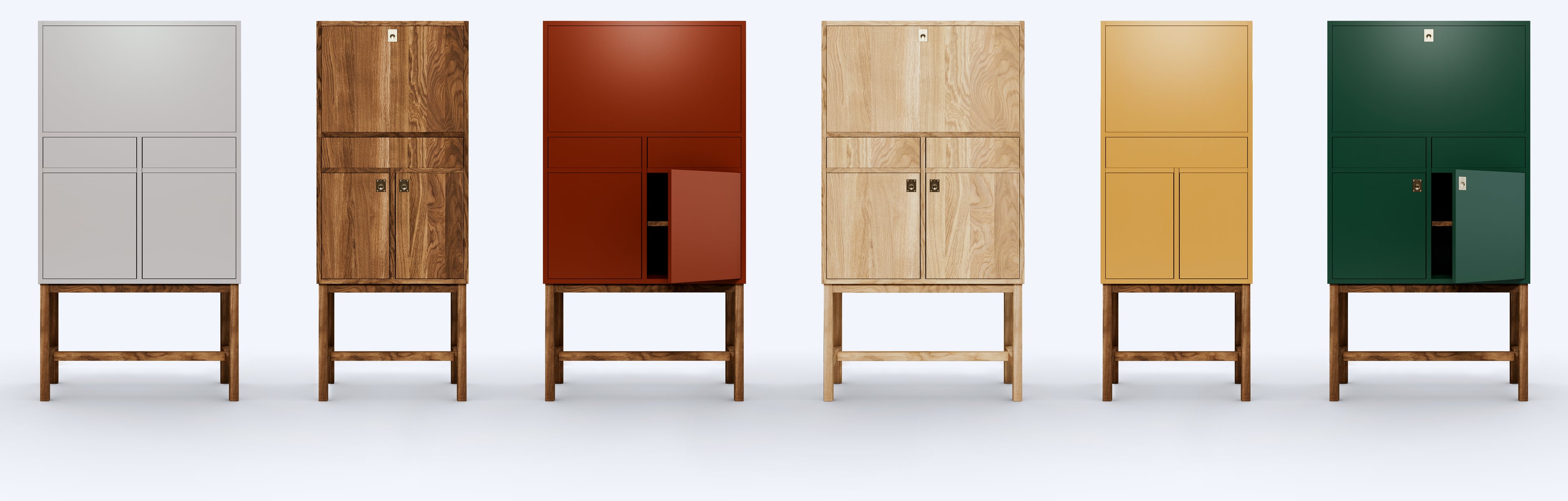 Line-up of all the available colours of the cabinet