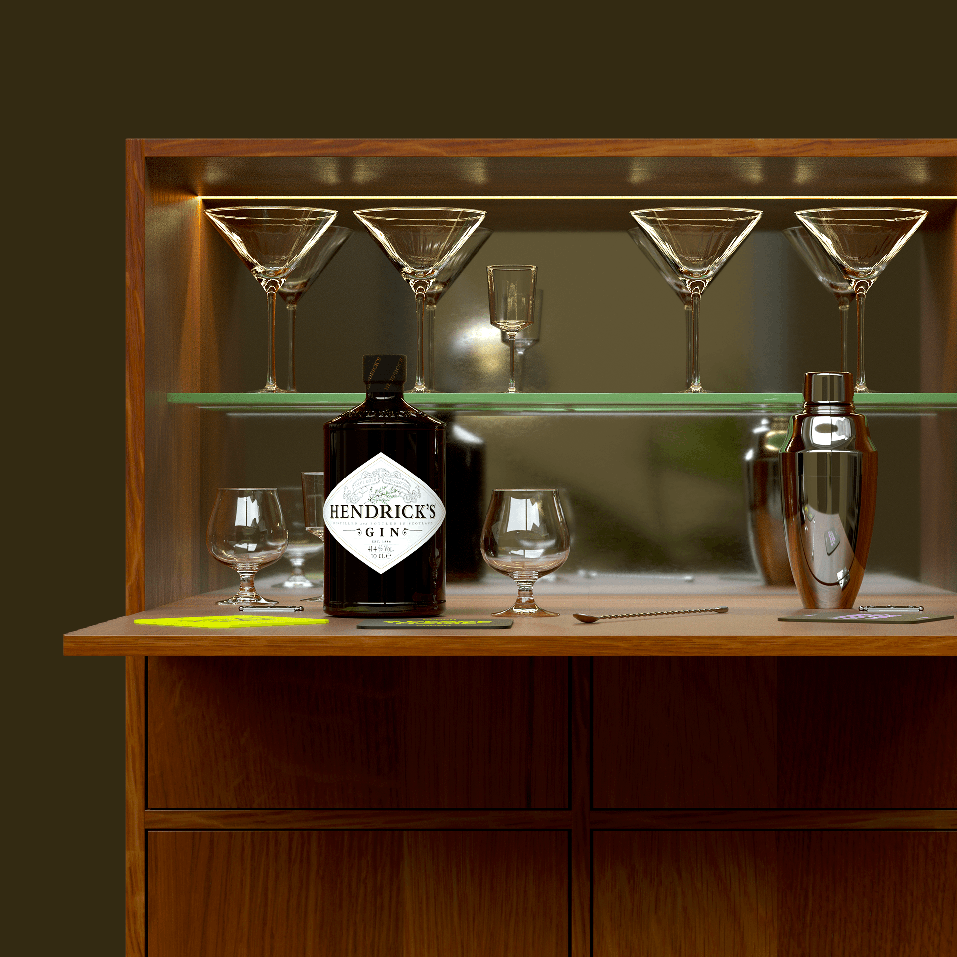 Bar cabinet opened displaying inside